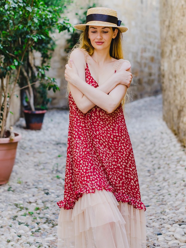 Red maxi slip dress in animal print with beige tulle ruffles