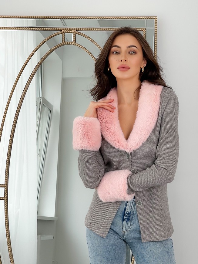 Cardigan with buttons Tyu-Tyu! XS / S gray with pink removable fur cuffs and collar
