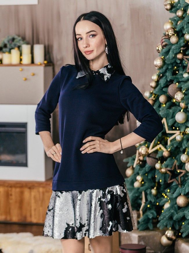 Constructor-dress Navy blue Airdress with removable silver-black sequins skirt and collar