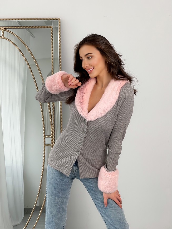Cardigan with buttons Tyu-Tyu! XS / S gray with pink removable fur cuffs and collar