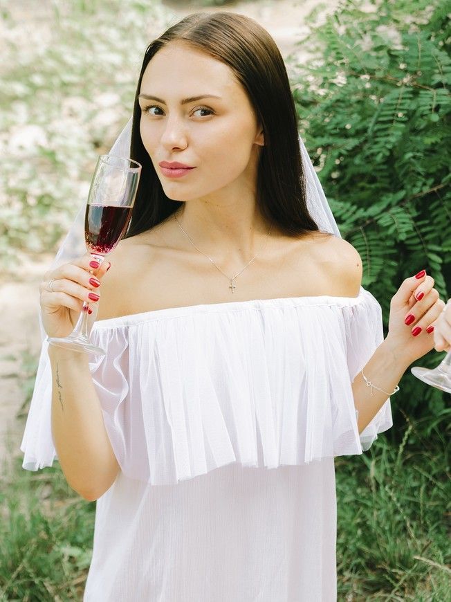 White mini sundress with white tulle ruffles
