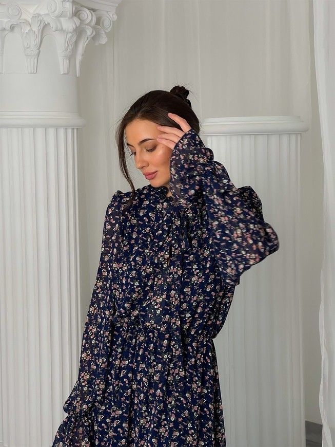 Chiffon midi dress with frills Tyu-Tyu! XS navy blue in floral print