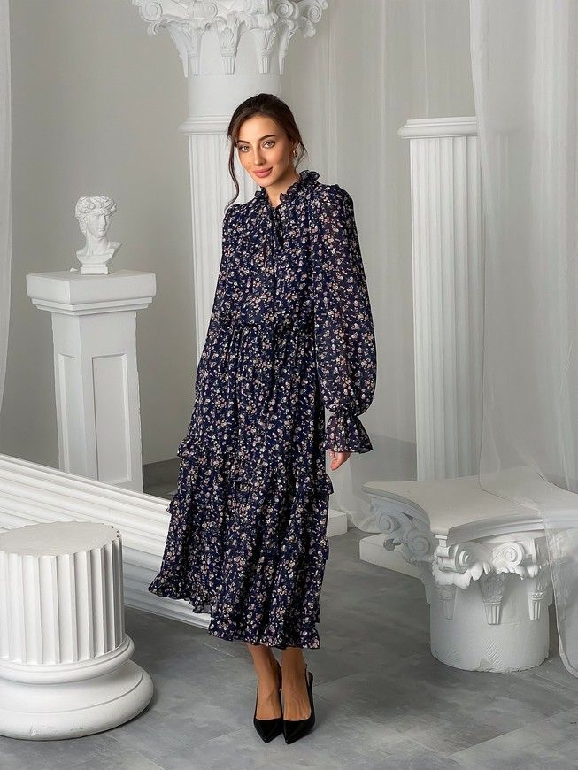 Chiffon midi dress with frills Tyu-Tyu! XS navy blue in floral print