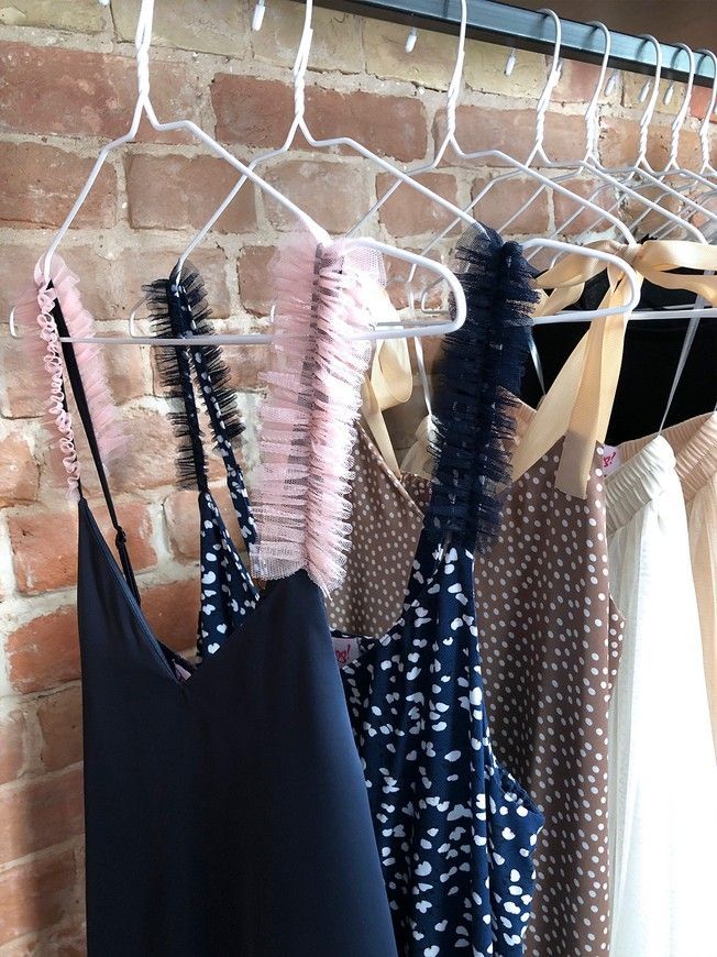 Navy blue mini slip dress with pink powder tulle ruffles