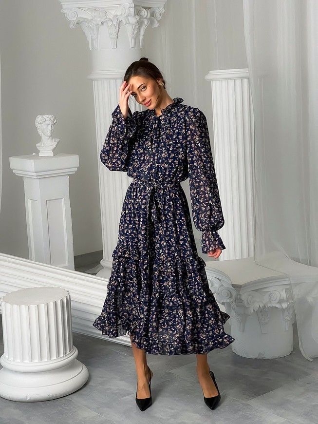 Chiffon midi dress with frills Tyu-Tyu! XS navy blue in floral print