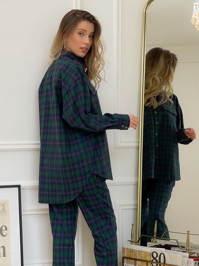 Shirt oversize Boyfriend's Tyu-Tyu! One size green in navy blue and red tartan