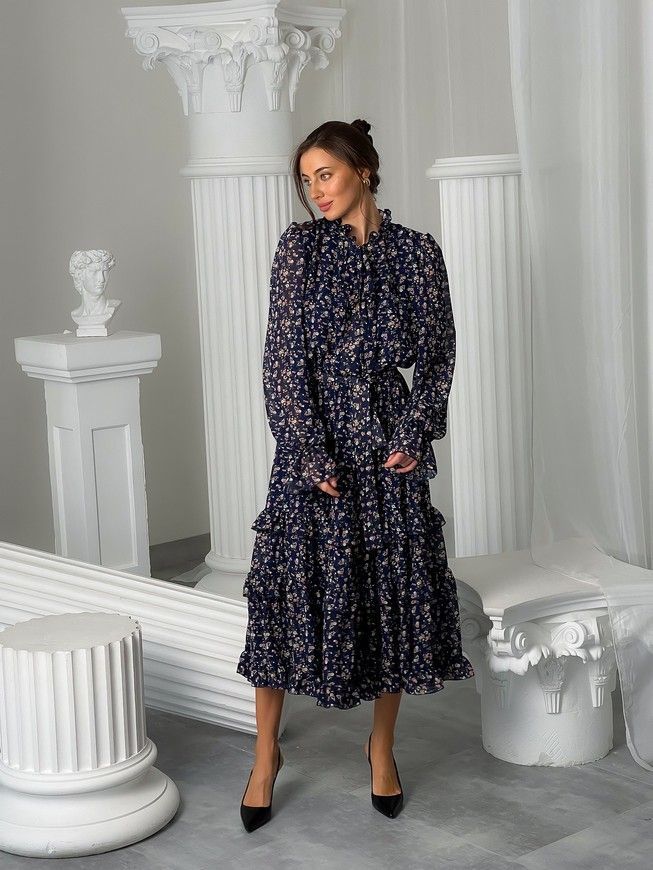 Chiffon midi dress with frills Tyu-Tyu! XS navy blue in floral print