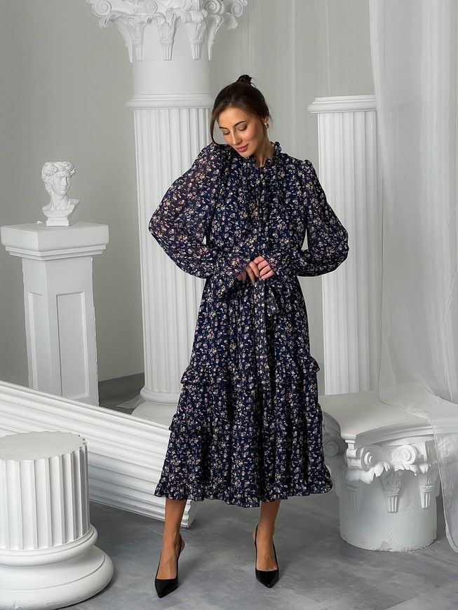 Chiffon midi dress with frills Tyu-Tyu! XS navy blue in floral print