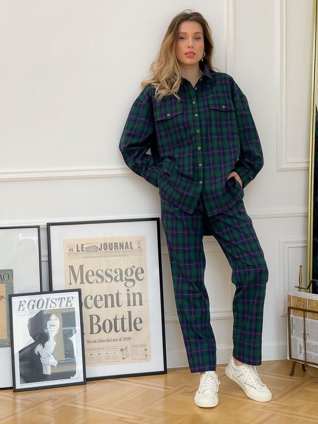 Shirt oversize Boyfriend's Tyu-Tyu! One size green in navy blue and red tartan