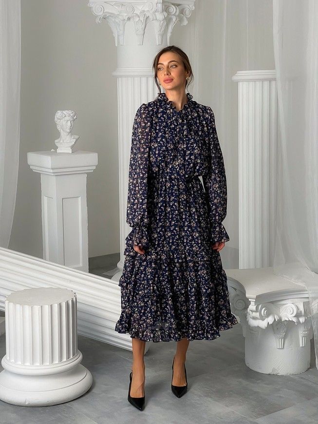 Chiffon midi dress with frills Tyu-Tyu! XS navy blue in floral print