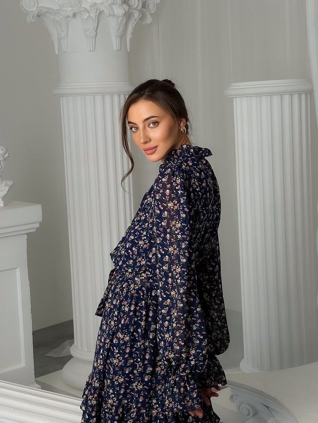 Chiffon midi dress with frills Tyu-Tyu! XS navy blue in floral print