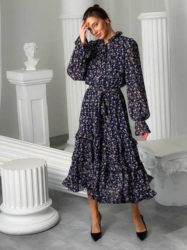 Chiffon midi dress with frills Tyu-Tyu! XS navy blue in floral print