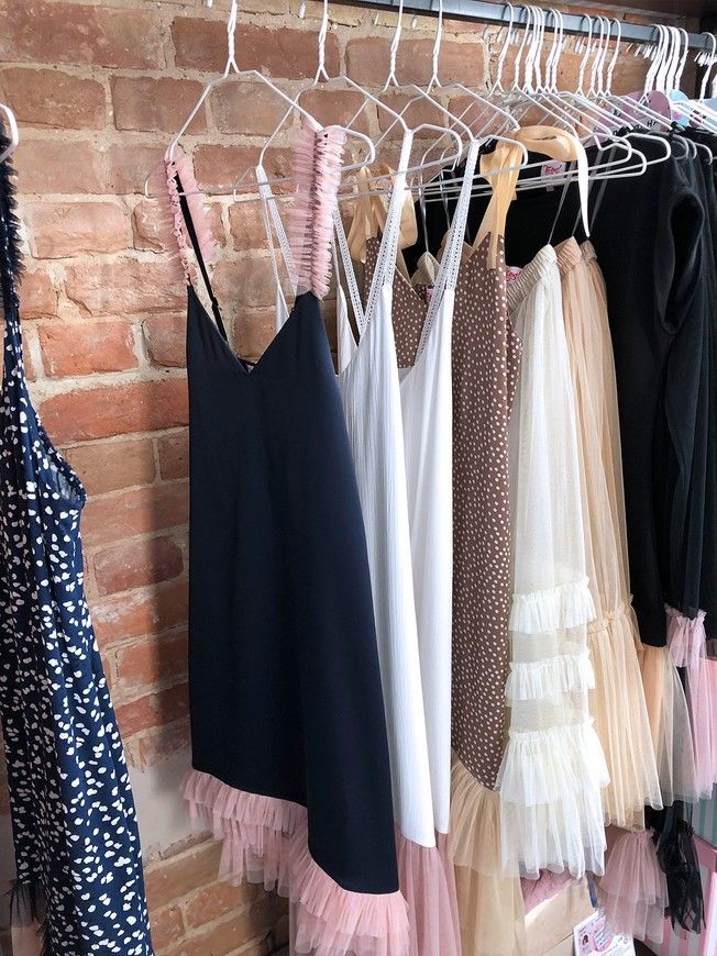 Navy blue mini slip dress with pink powder tulle ruffles