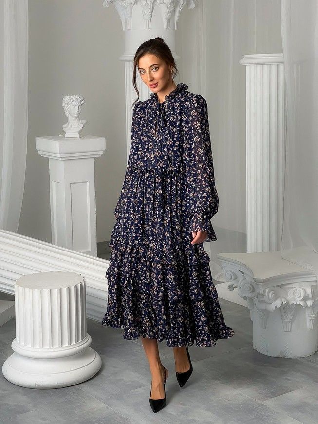 Chiffon midi dress with frills Tyu-Tyu! XS navy blue in floral print