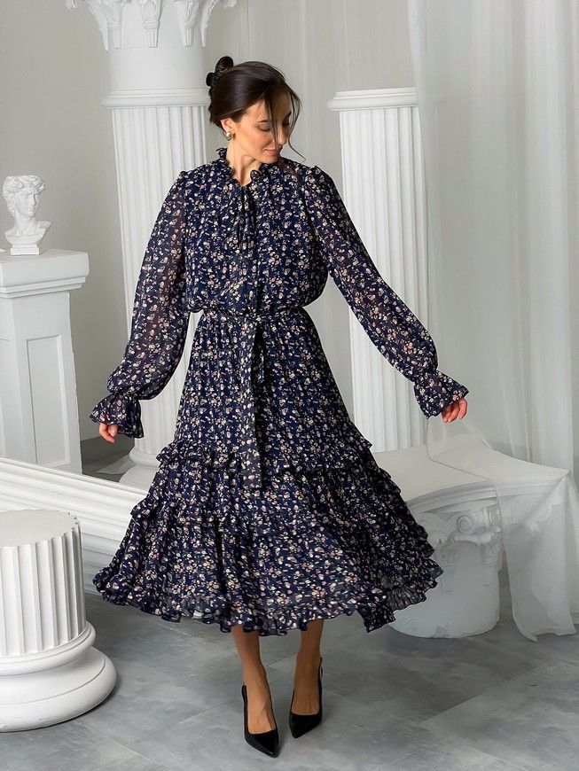 Chiffon midi dress with frills Tyu-Tyu! XS navy blue in floral print