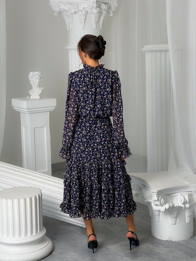 Chiffon midi dress with frills Tyu-Tyu! XS navy blue in floral print