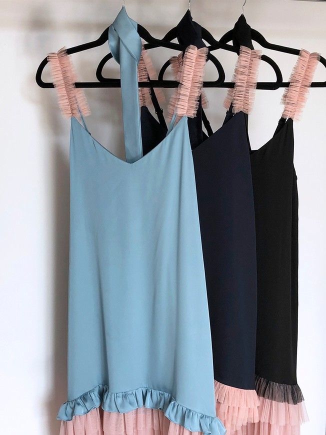 Navy blue mini slip dress with pink powder tulle ruffles