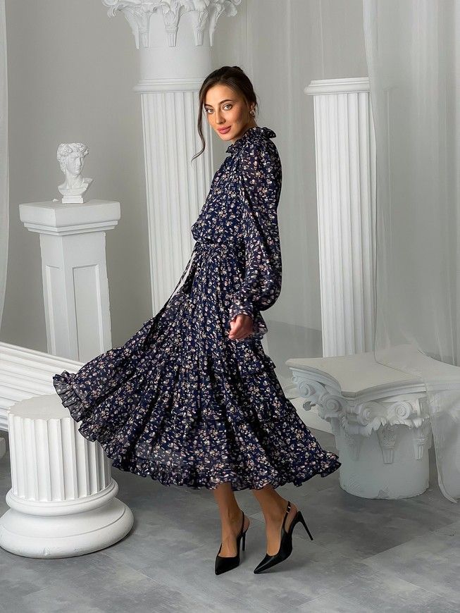 Chiffon midi dress with frills Tyu-Tyu! XS navy blue in floral print