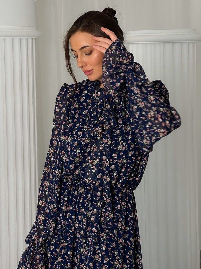 Chiffon midi dress with frills Tyu-Tyu! XS navy blue in floral print