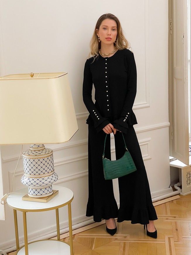 Set (flared pants and cardigan) Tyu-Tyu! S black with ruffles and detachable collar