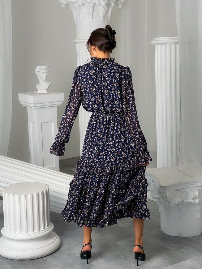 Chiffon midi dress with frills Tyu-Tyu! XS navy blue in floral print