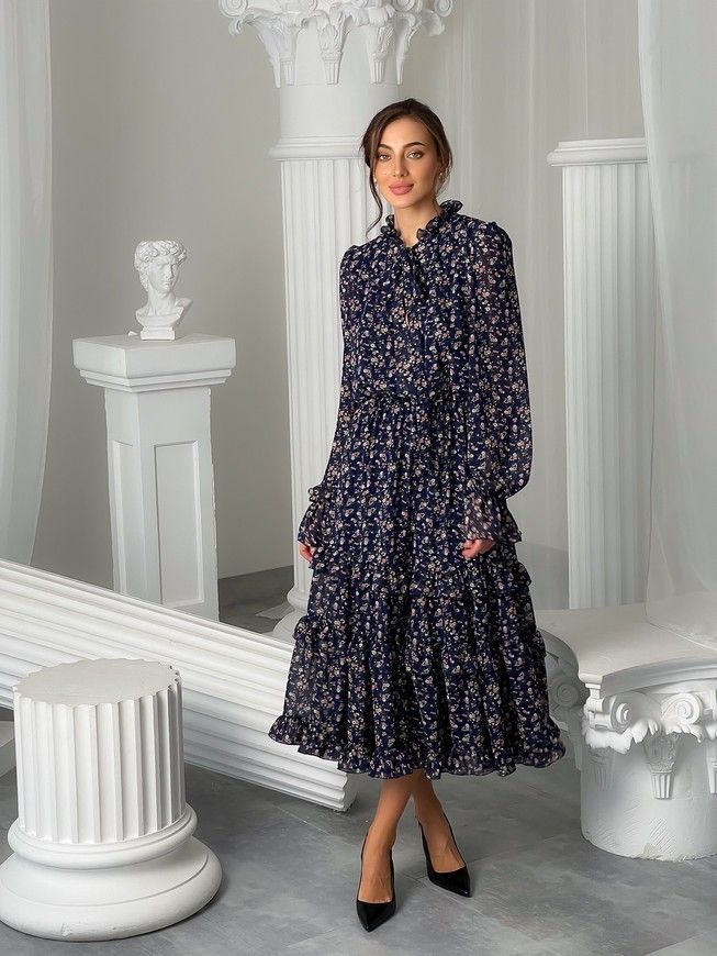 Chiffon midi dress with frills Tyu-Tyu! XS navy blue in floral print