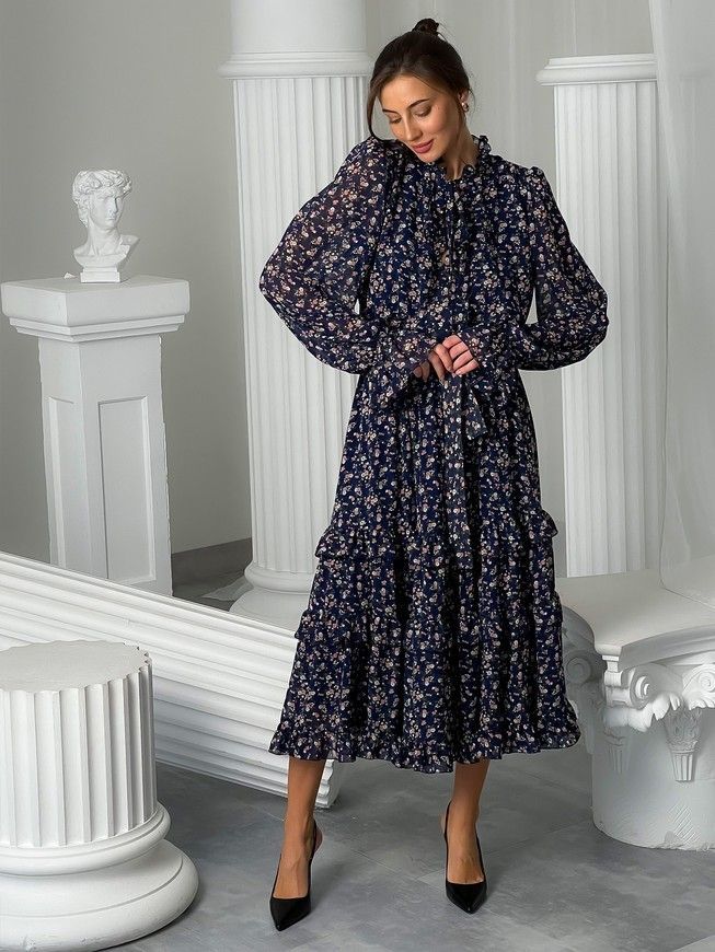 Chiffon midi dress with frills Tyu-Tyu! XS navy blue in floral print