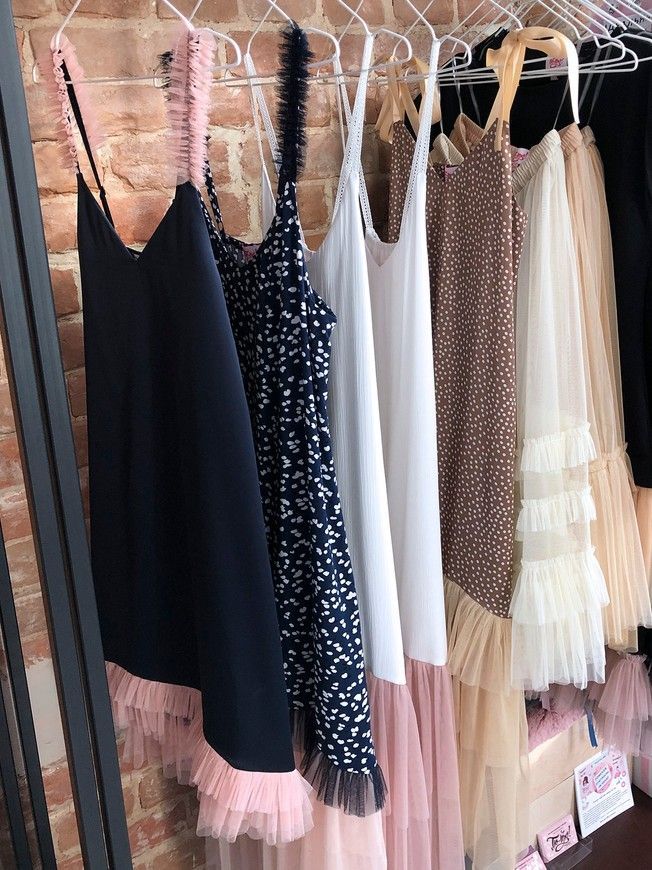 Navy blue mini slip dress with pink powder tulle ruffles