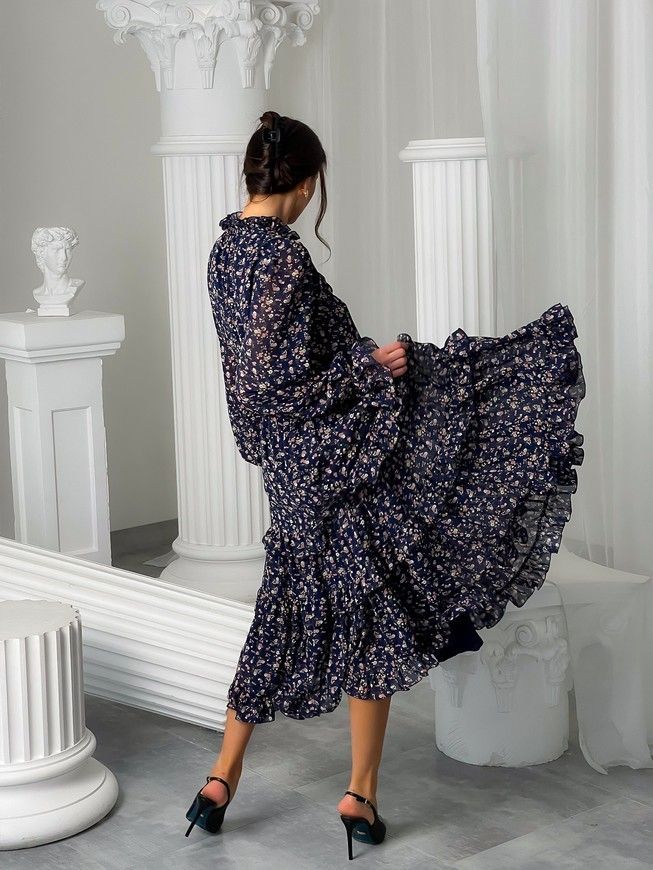 Chiffon midi dress with frills Tyu-Tyu! XS navy blue in floral print
