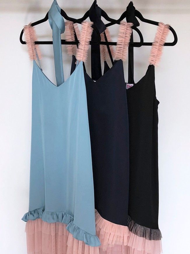 Navy blue mini slip dress with pink powder tulle ruffles