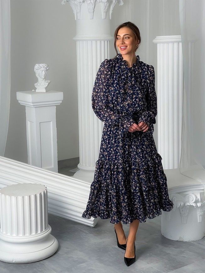 Chiffon midi dress with frills Tyu-Tyu! XS navy blue in floral print