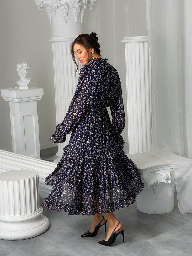 Chiffon midi dress with frills Tyu-Tyu! XS navy blue in floral print