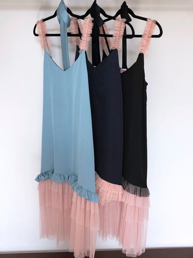 Navy blue mini slip dress with pink powder tulle ruffles