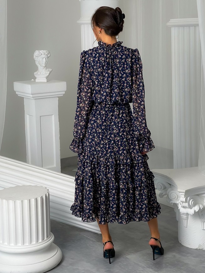 Chiffon midi dress with frills Tyu-Tyu! XS navy blue in floral print