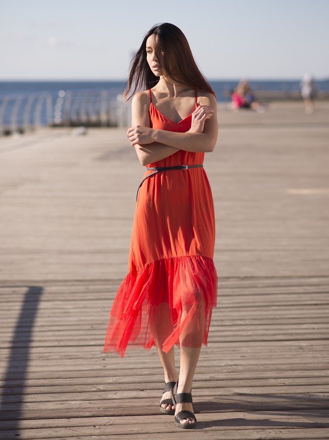 Red maxi sundress with red tulle ruffles