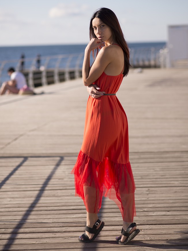 Red maxi sundress with red tulle ruffles