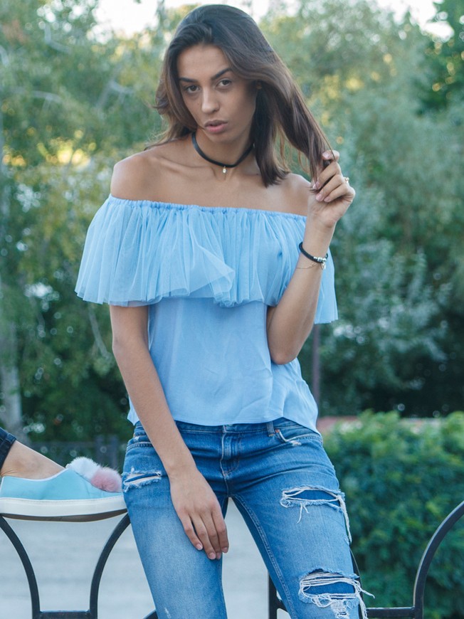 Blue top with blue tulle ruffles