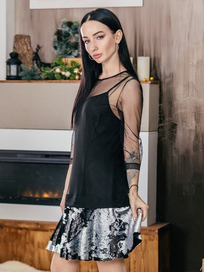 Сукня-конструктор-сітка AIRDRESS чорна зі знімною спідницею із сріблясто-чорних пайєток