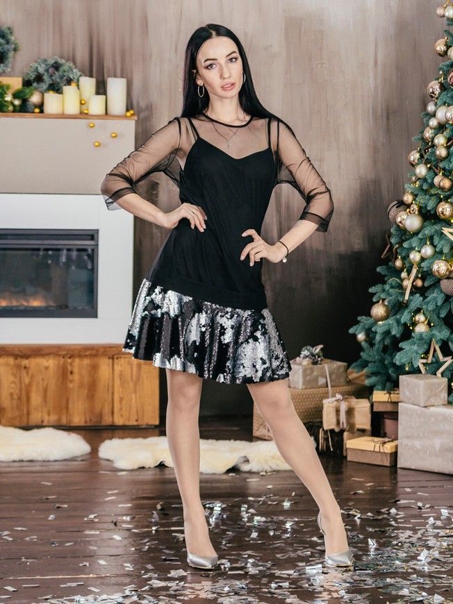 Сукня-конструктор-сітка AIRDRESS чорна зі знімною спідницею із сріблясто-чорних пайєток