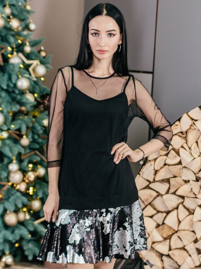 Сукня-конструктор-сітка AIRDRESS чорна зі знімною спідницею із сріблясто-чорних пайєток