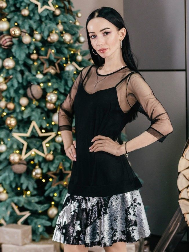 Сукня-конструктор-сітка AIRDRESS чорна зі знімною спідницею із сріблясто-чорних пайєток