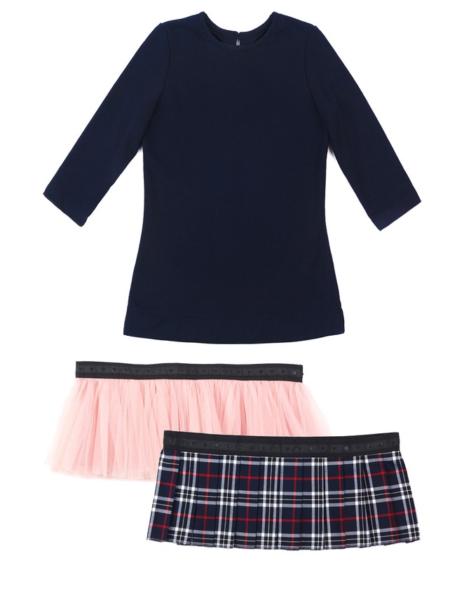 AIRDRESS set: navy blue top and 2 removable skirts (lush blush pink and navy blue tartan)