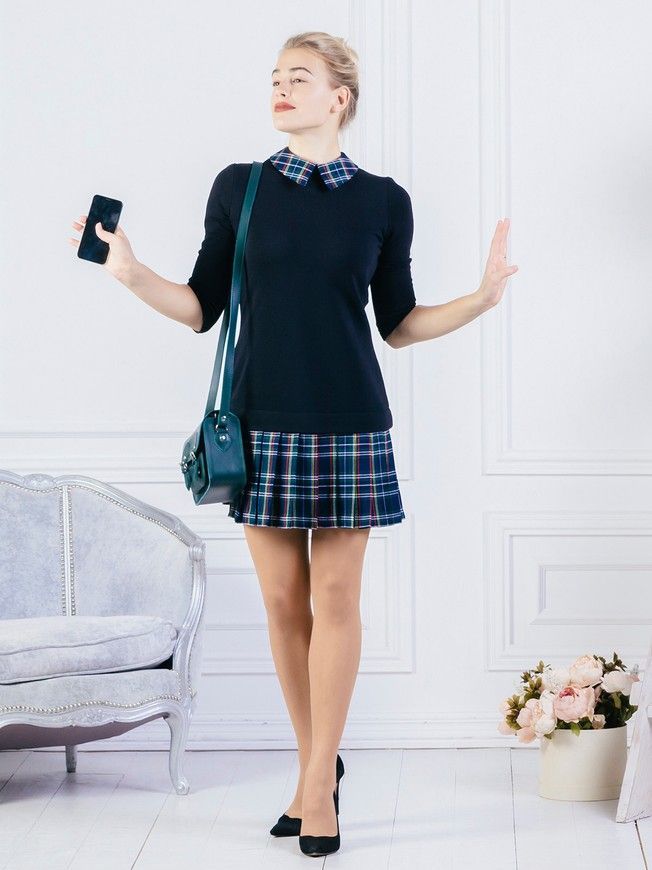 Платье-конструктор AIRDRESS черное со съемными юбкой в зеленую клетку и воротником