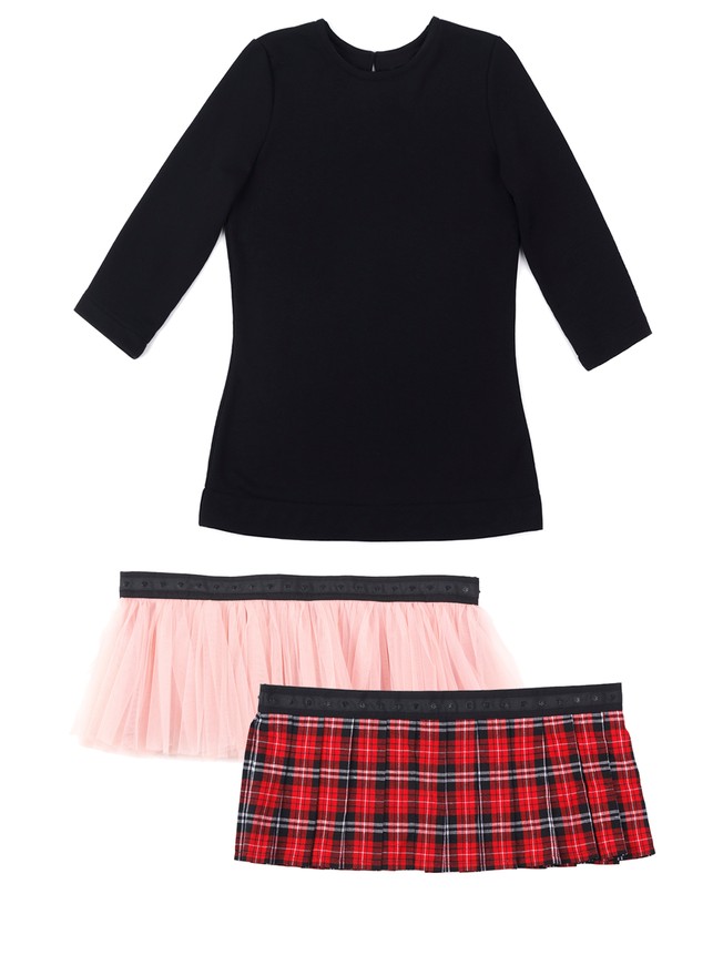 AIRDRESS set: black top and 2 removable skirts (lush blush pink and red tartan)