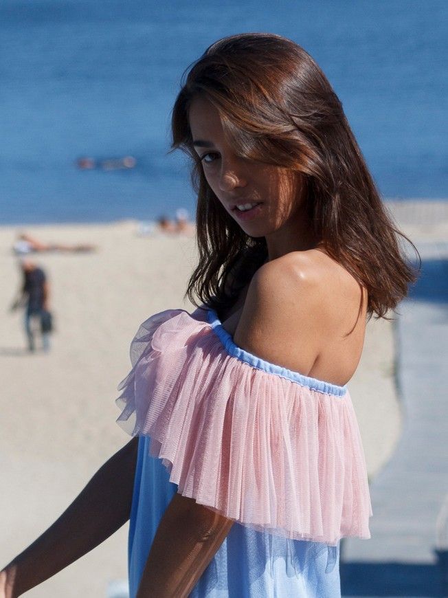 Blue mini sundress with pink powder tulle ruffles