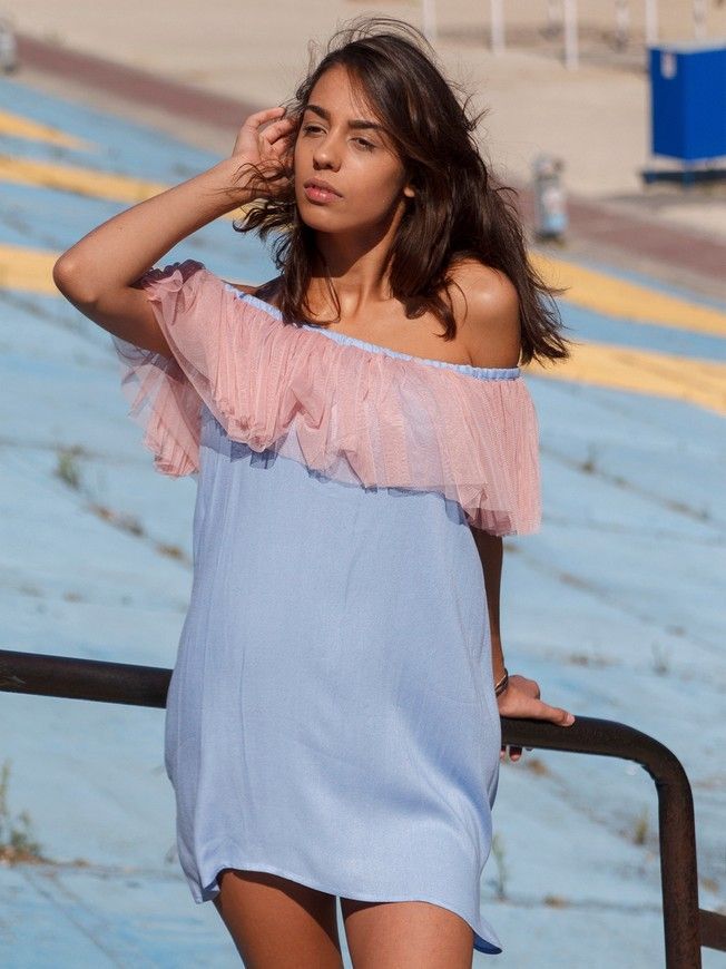 Blue mini sundress with pink powder tulle ruffles