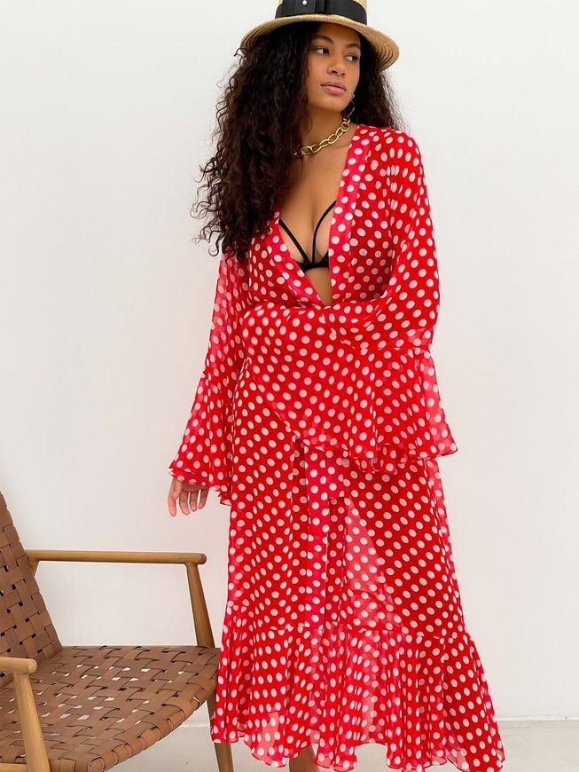 Beach chiffon long cover up with frills Tyu-Tyu! One Size red and white polka dot