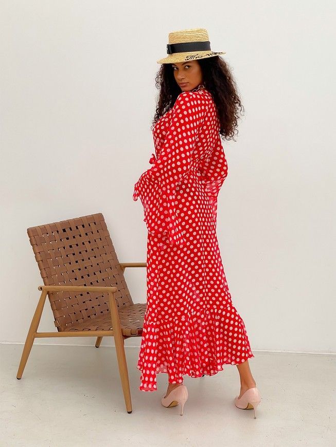 Beach chiffon long cover up with frills Tyu-Tyu! One Size red and white polka dot