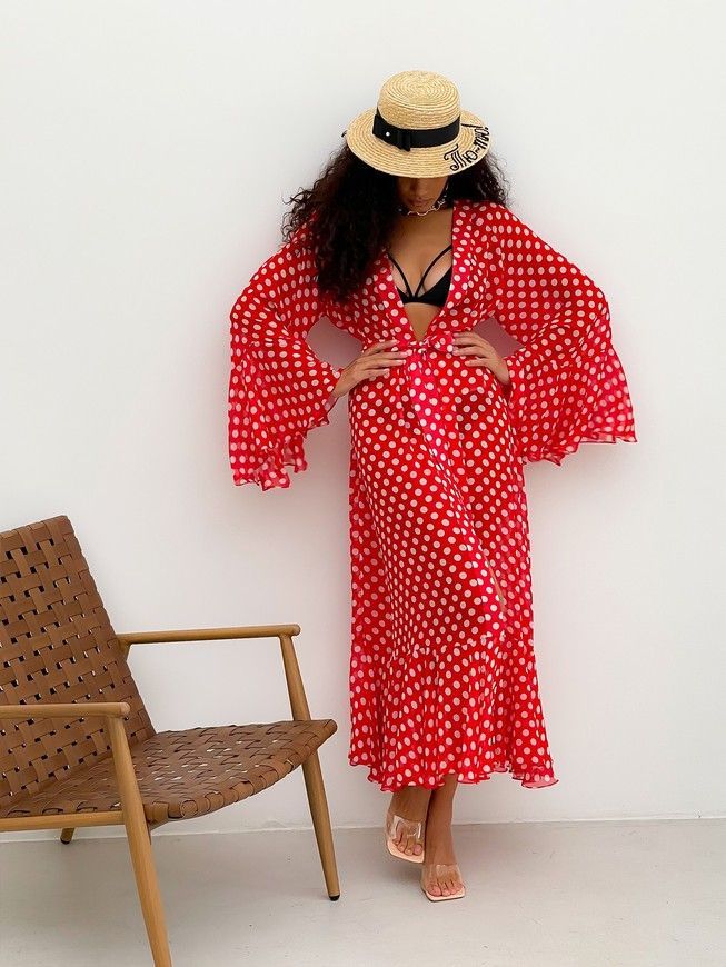 Beach chiffon long cover up with frills Tyu-Tyu! One Size red and white polka dot
