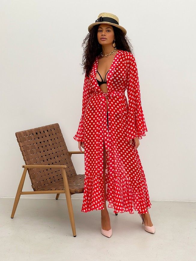 Beach chiffon long cover up with frills Tyu-Tyu! One Size red and white polka dot